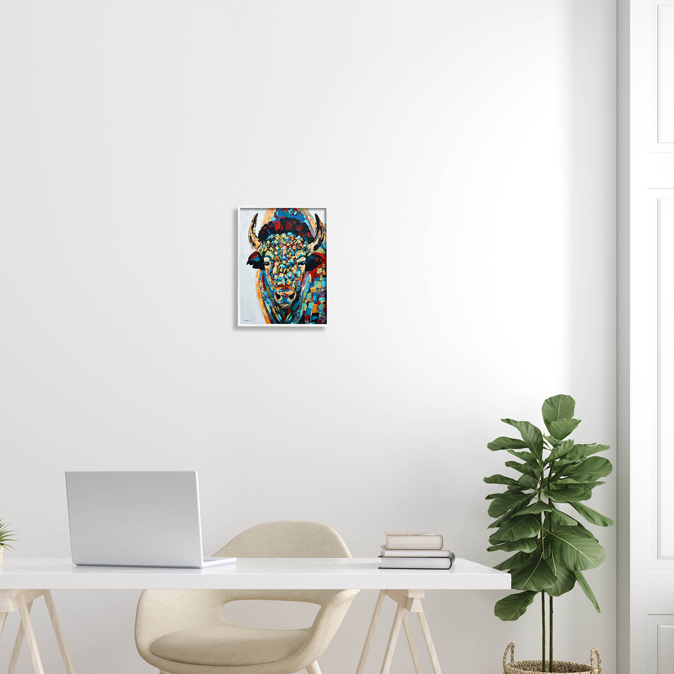 Abstract Bison Kaleidoscopic Strokes Animals & Insects Painting White Framed Art Print Wall Art