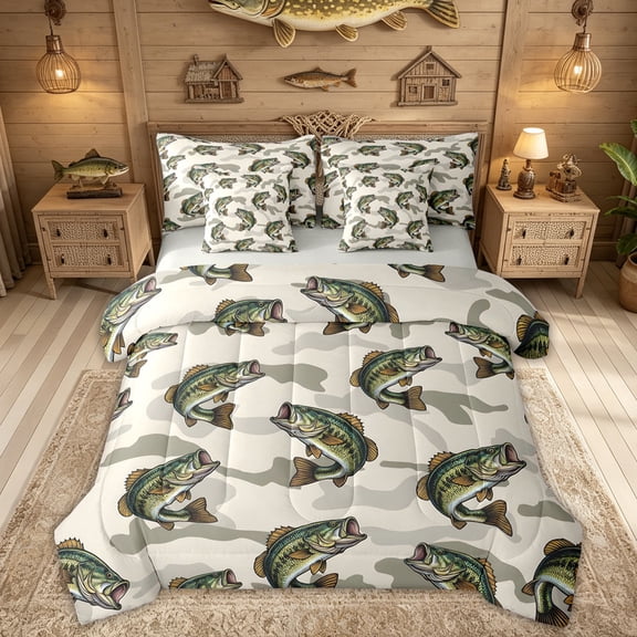 Feelyou Camo Largemouth Bass Fish Wildlife Twin Bedding Sets for Men Kids, Deep Ocean Bedding Comforter Set, Beige, Grey Reversible, 7 Pieces