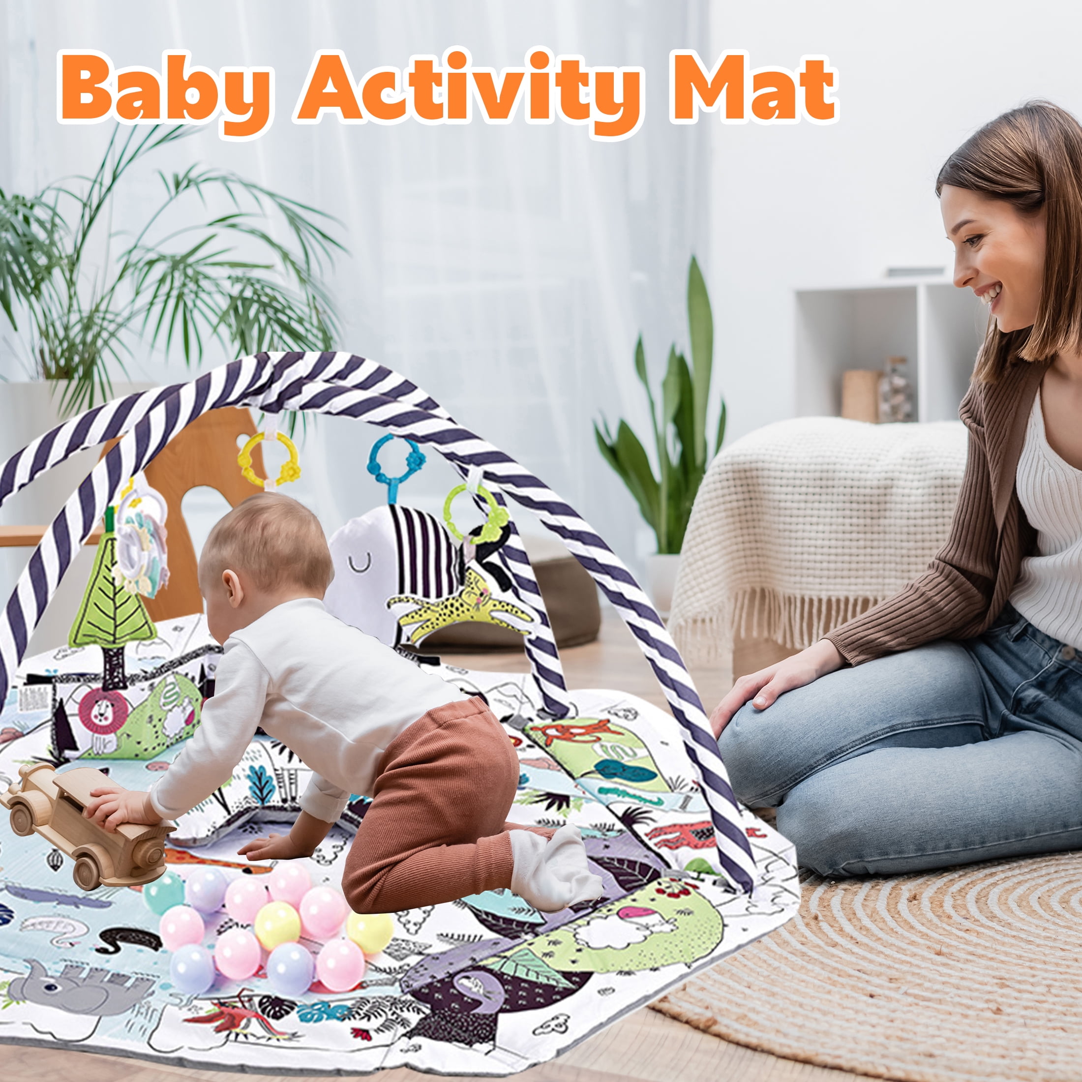 Baby Play Gym and Activity Mat - 4-in-1 Tummy Time Gym with Sensory Toys for Infants & Toddlers, White