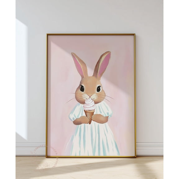 Bunny With Ice Cream Wall Art , Whimsical Nursery Print, Playroom Decor Home Decor #2240, Unframed Poster Size 8x12