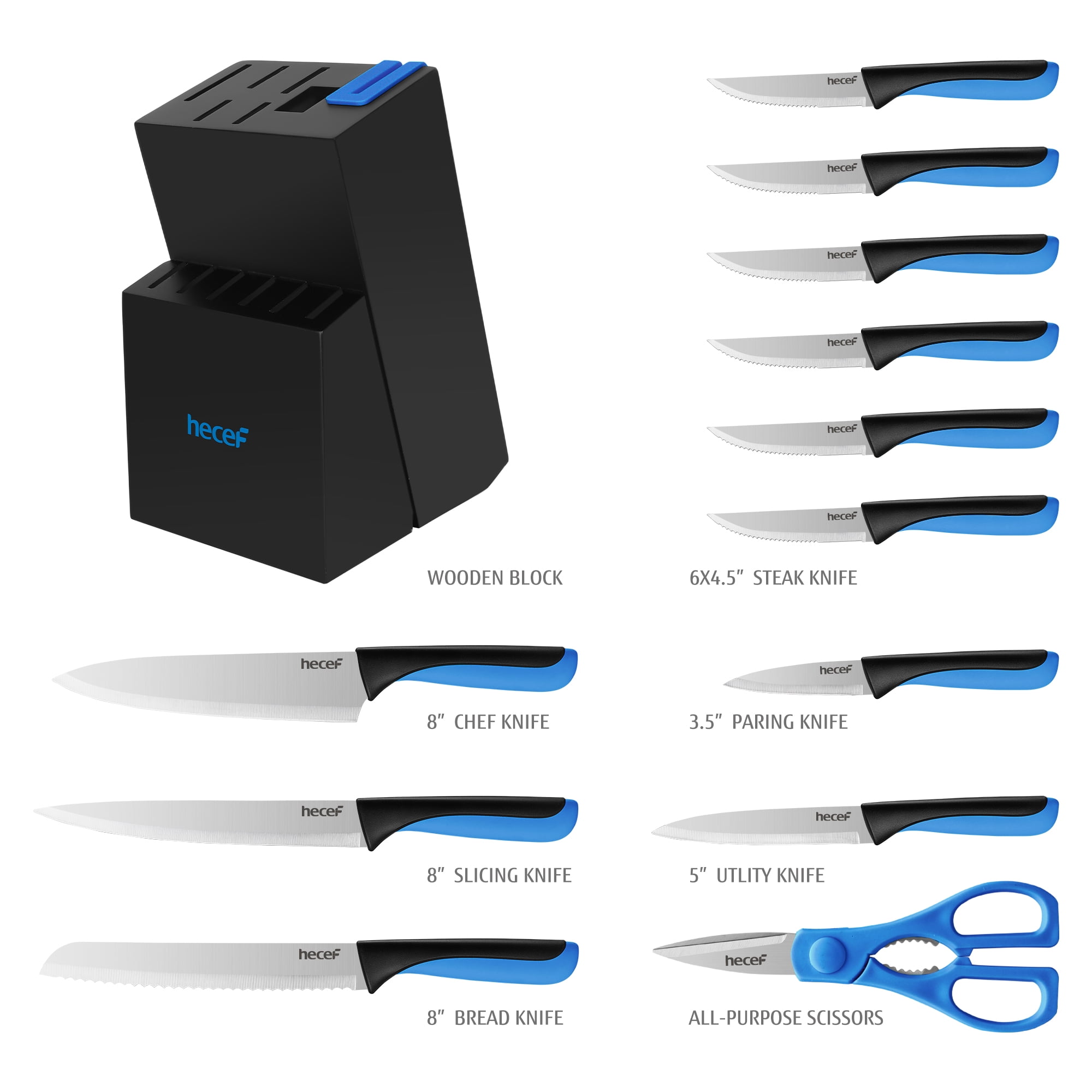 Hecef 13-Piece Knife Set with Block, High Carbon Steel Sharp Chef Knives with Build in Sharpener