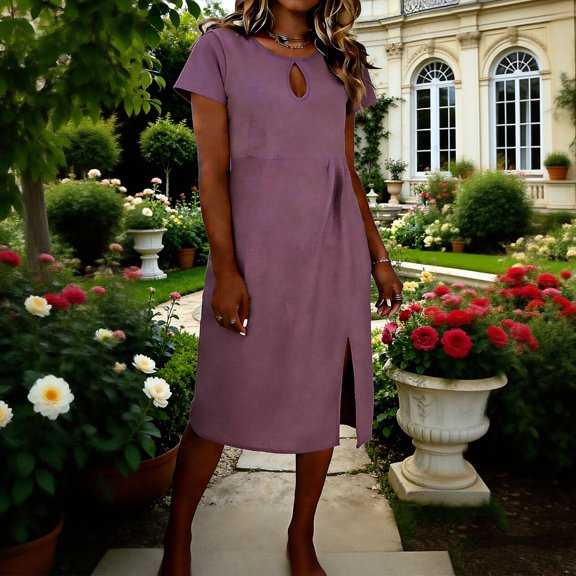 Midi Dresses for Women Summer Casual Crewneck Solid Color Loose Short Sleeve Beach Holiday Everyday Linen Dress Size S-3XL