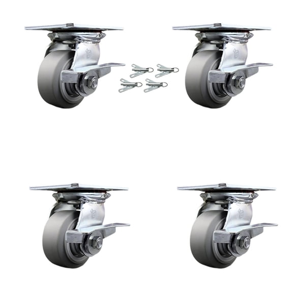 4 Inch Thermoplastic Caster Set with Ball Bearings and Brakes/Swivel Locks SCC