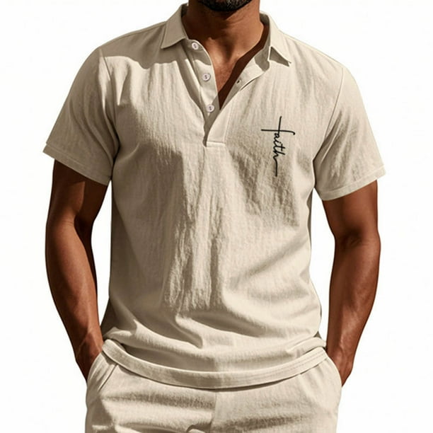 Blusa y camisa de manga corta con cuello vuelto para hombre, color liso, moda de verano, estampado informal, manga corta, botones, cuello vuelto, bolsillo, camisa de poliéster para hombre