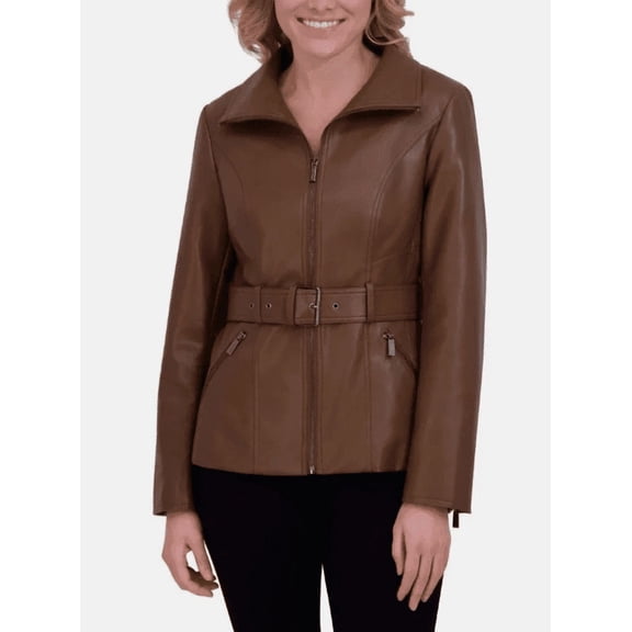 Kenneth Cole Women's Belted Faux Leather Jacket Brown Large