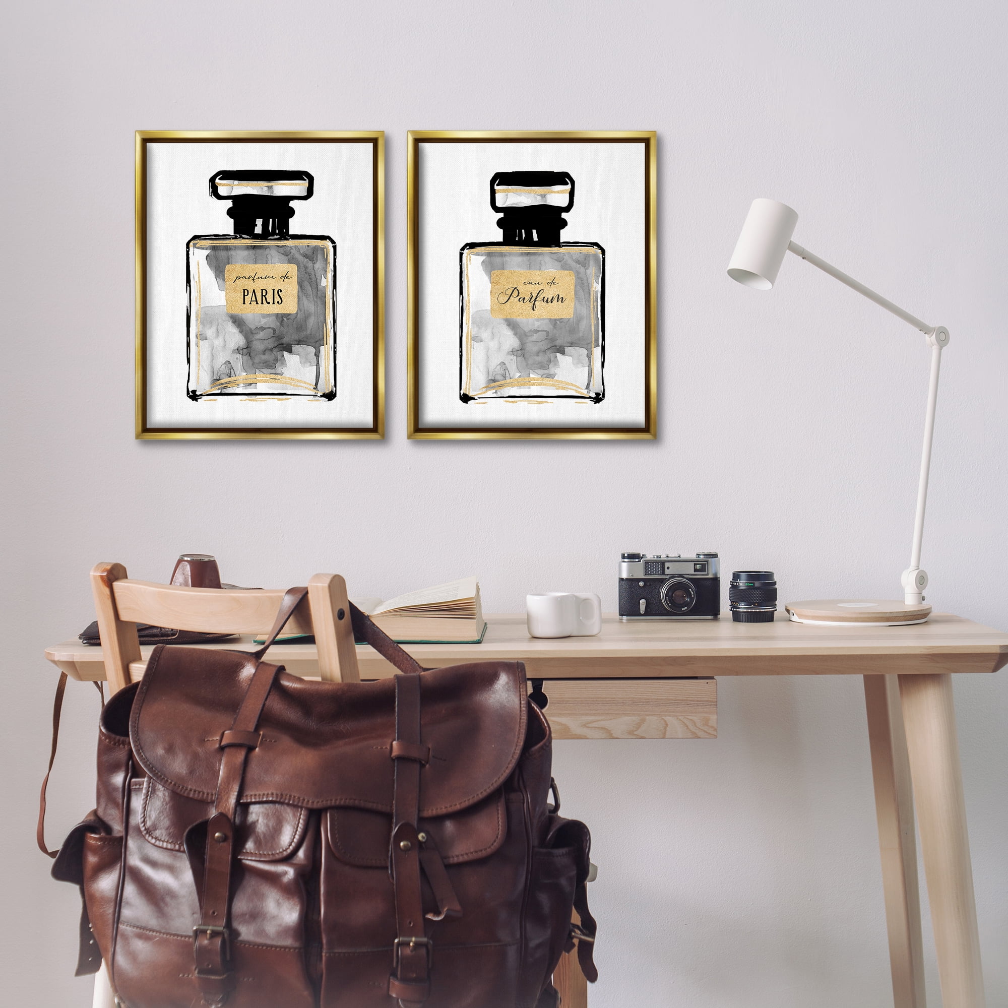 Stupell Industries Gray Gold Parfum Bottle Fashion Painting Gold Floater Framed Canvas Art Print Wall Art, 17 x 21, Set of 2