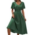 thumbnail image 4 of Women Casual Midi Maxi Dresses Polka Dot Print Short Sleeve V Neck Elastic Waist Boho Beach Dress Green M, 4 of 9