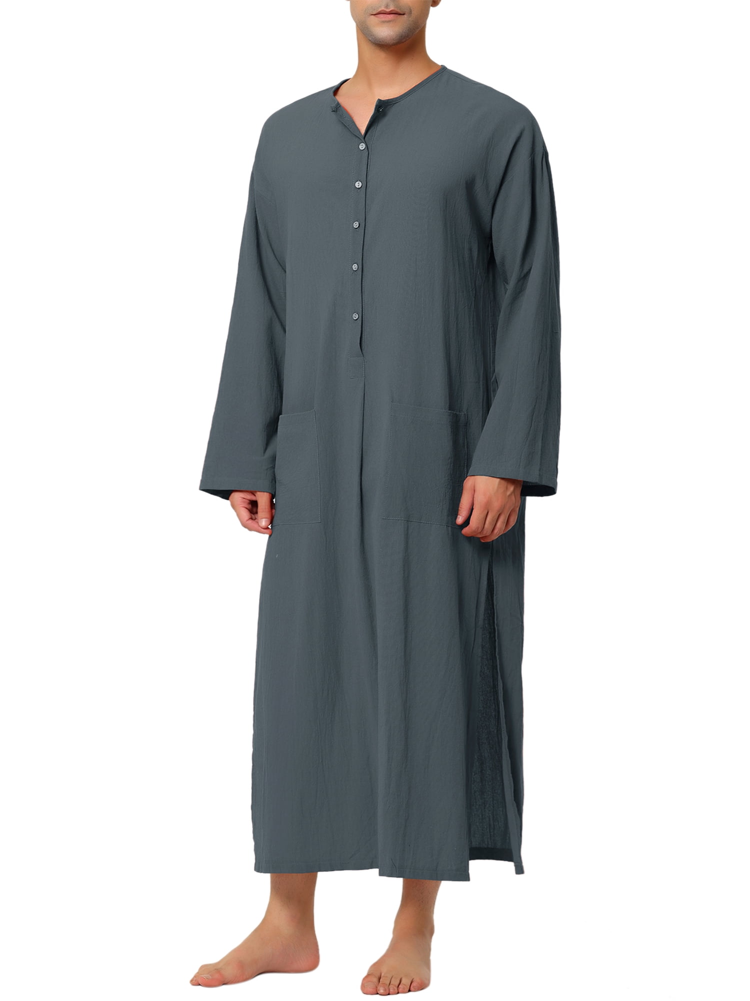 Unique Bargains Men's Nightshirt Cotton Sleep Shirt Side Split Long Nightgown L Gray
