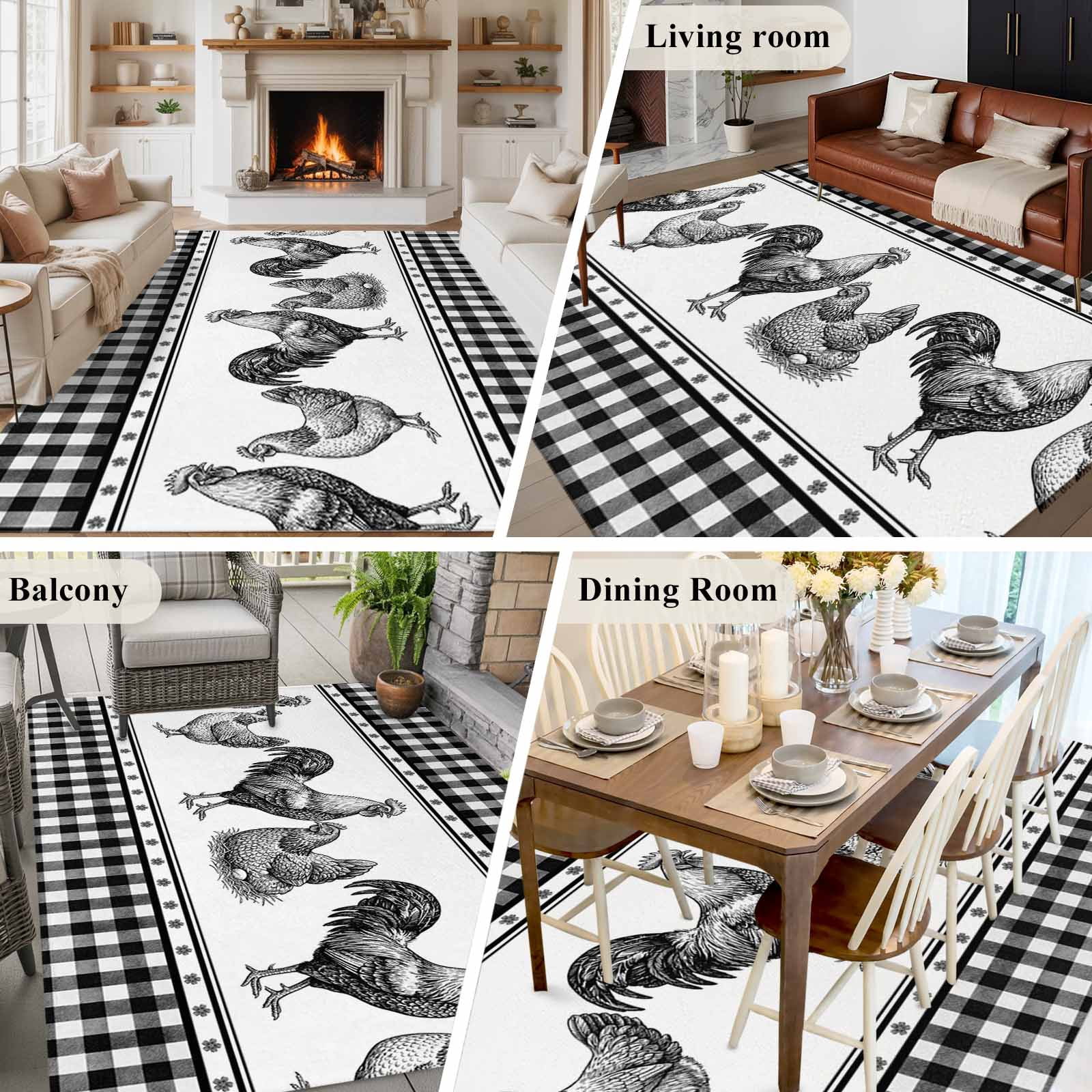 Navy Blue Rooster Area Rugs 5'x8', Washable Small Throw Rugs for Classroom Bedroom, Vintage Farmhouse Black Plaid Indoor Outdoor Rug Non-Slip Low Pile Carpet Runner Reversible Floor Mats