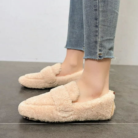 

Warm Fluffy Fleece Lining Loafers Fashionable Slip On Flat Cotton Shoes Women‘s Footwear