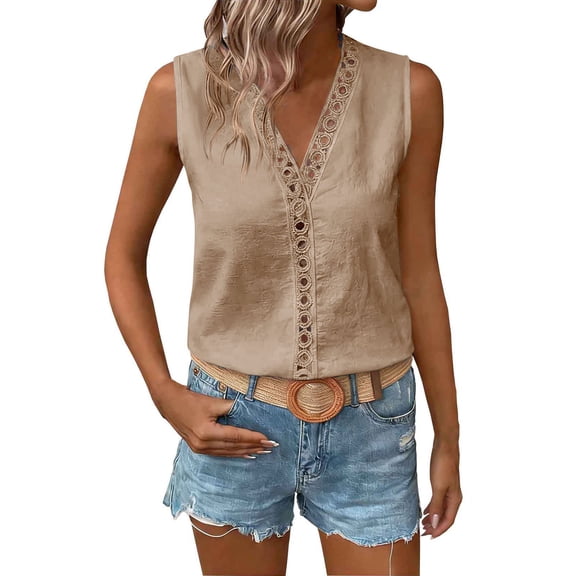 Womens Cotton Linen Tank Tops, Sleeveless Shirts for Women Summer Casual Lightweight Lace Trim V Neck Dressy Blouses