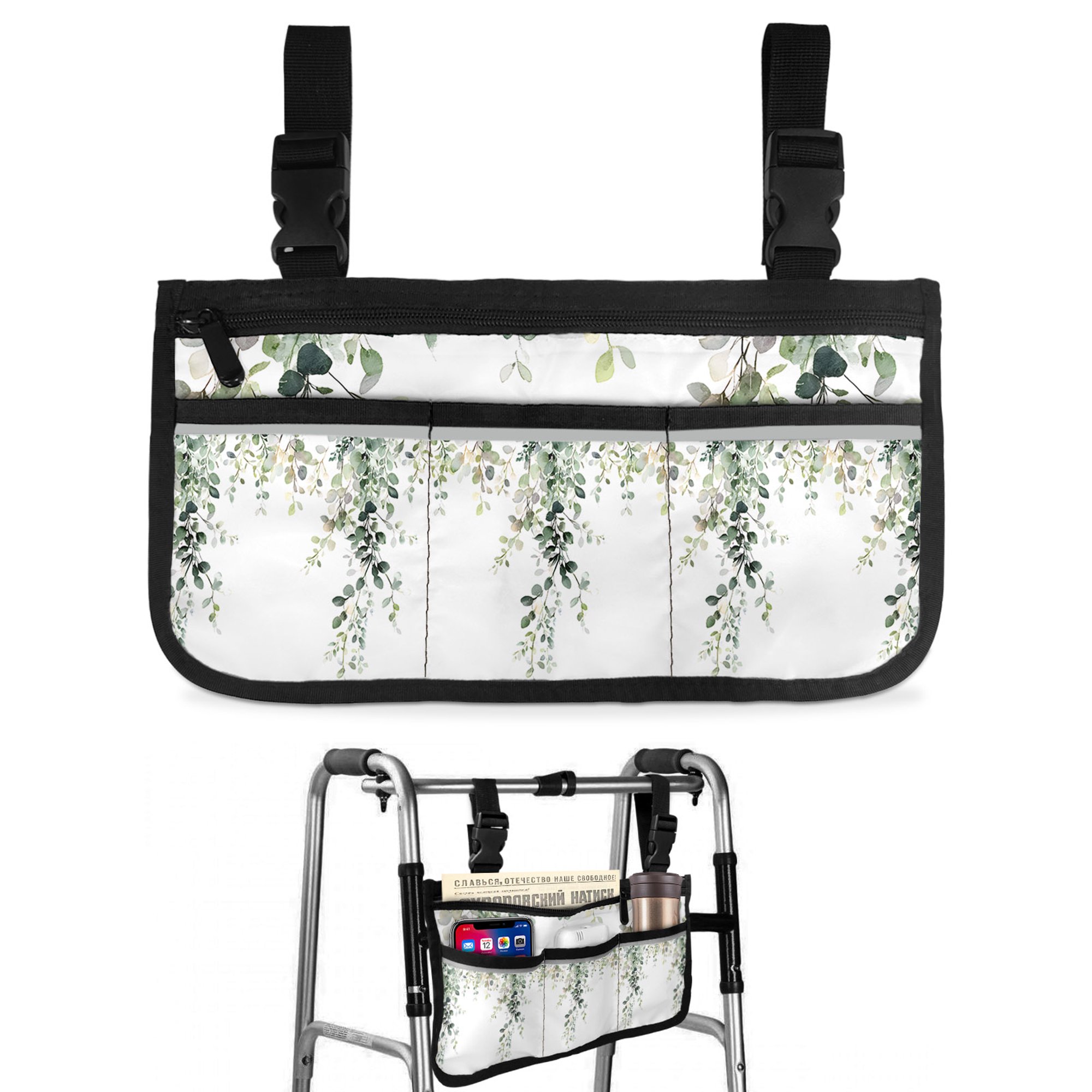 Eucalyptus Leaves Wheelchair Side Bag Walk Bag Basket, Pastoral Farmhouse Spring Botanical Wheelchair Accessories Armrest Pouch, Organizer Storage Bags for Walkers, Rollators, Scooters, 7.3"x13"
