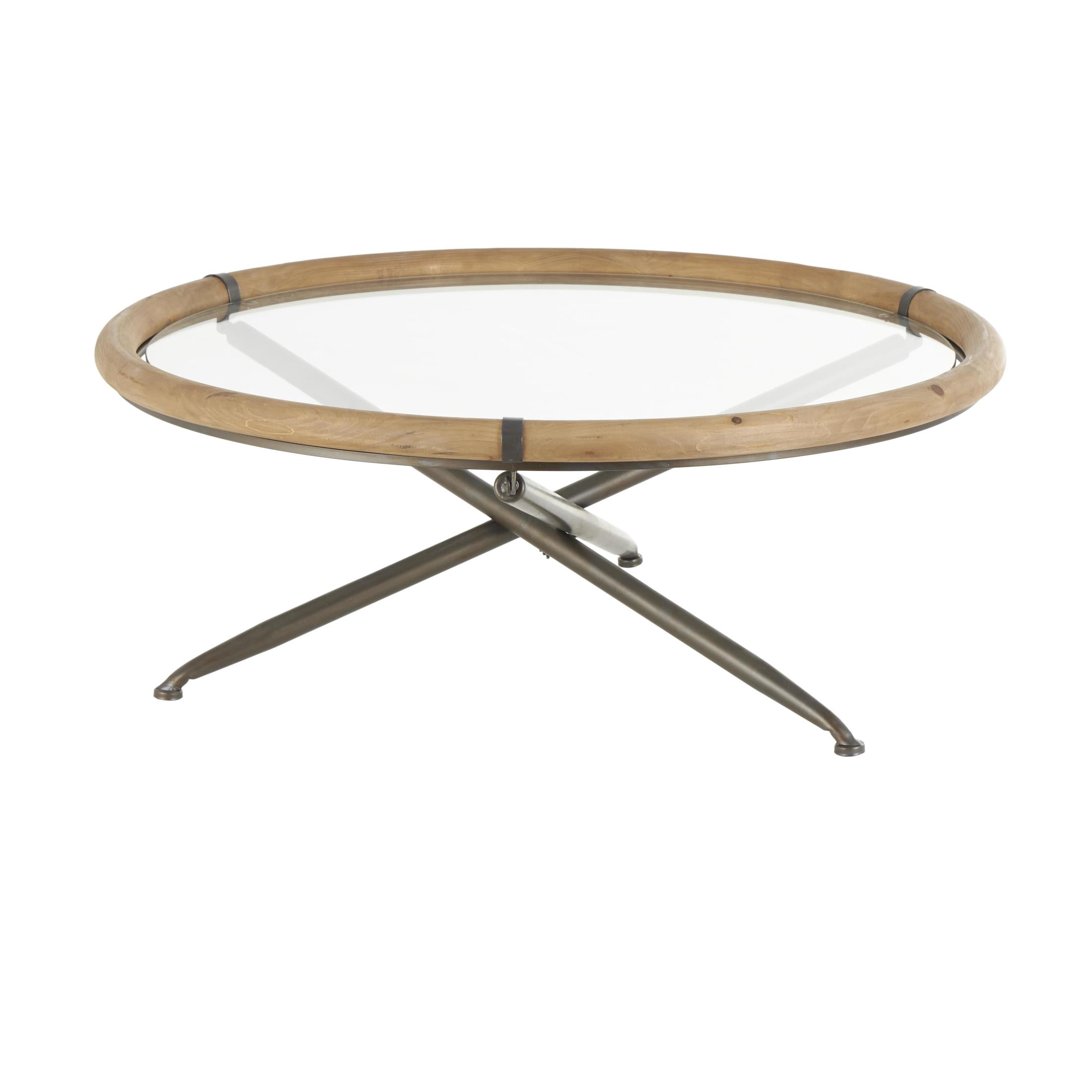 DecMode 39" x 16" Brass Metal Round Coffee Table with Brown Wooden Framed Glass Tabletop, 1-Piece
