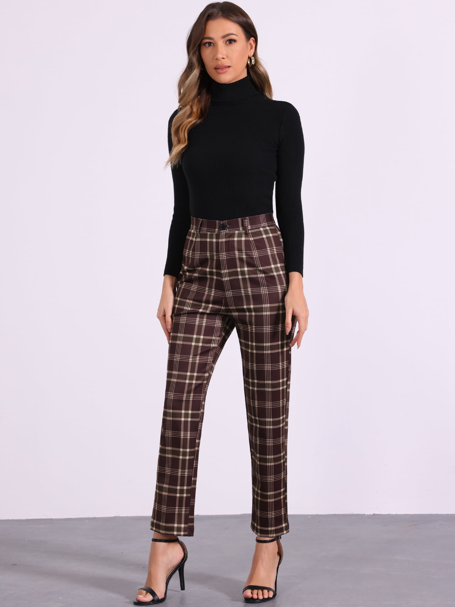 DARING DIVA Women's Plaid Trousers Button Tartan Check Work Pants M Red Brown