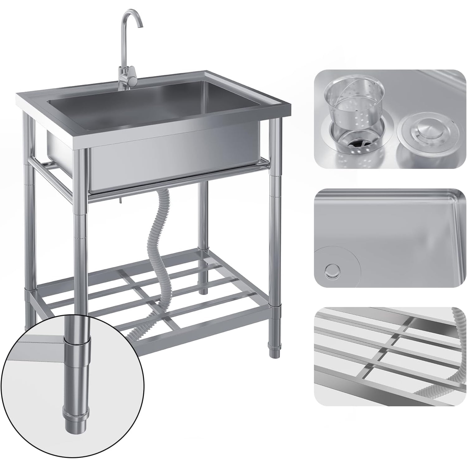 AOILE Free Standing Stainless Steel Utility Sink with Hot & Cold Water Pipes, Single/Double Bowl, Commercial Laundry & Kitchen Sink with Workbench