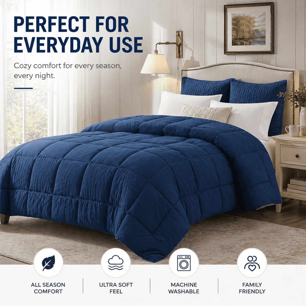 Evolive All Season Pre Washed Soft Microfiber White Goose Down Alternative Comforter with Box Stitching (Navy, King)