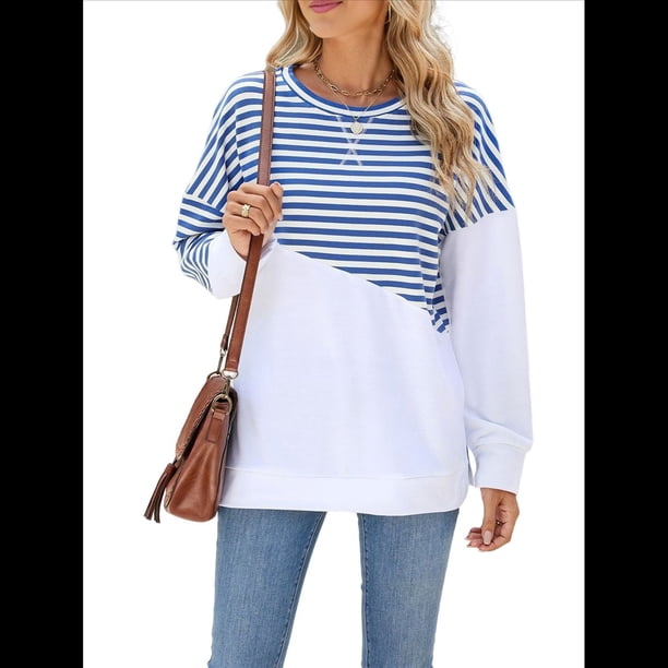 Sudadera Tipo Túnica A Rayas con Bloques de Color para Mujer, de Larga y Cuello Redondo, Holgada y Azul y M