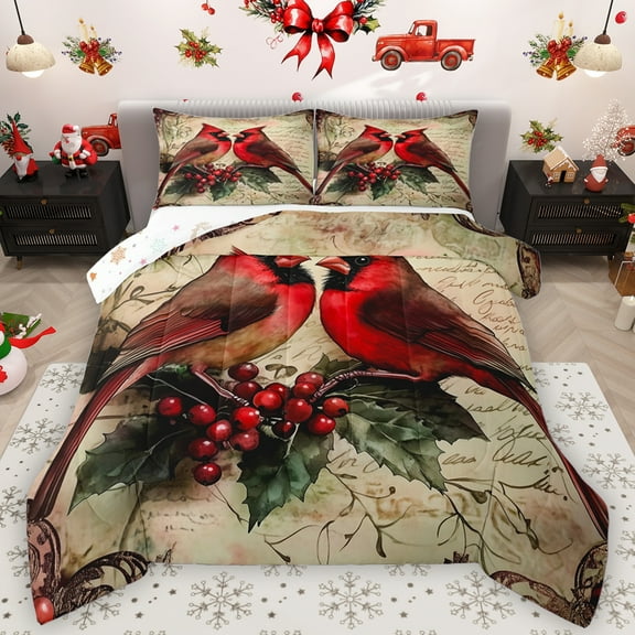 Feelyou Winter Robin Bird Bedding Comforter Set, Western Christmas Animal Twin Comforter Sets, Flower Plant Botanical Reversible Bedding Set, Microfiber Bedroom Decor, 2pcs