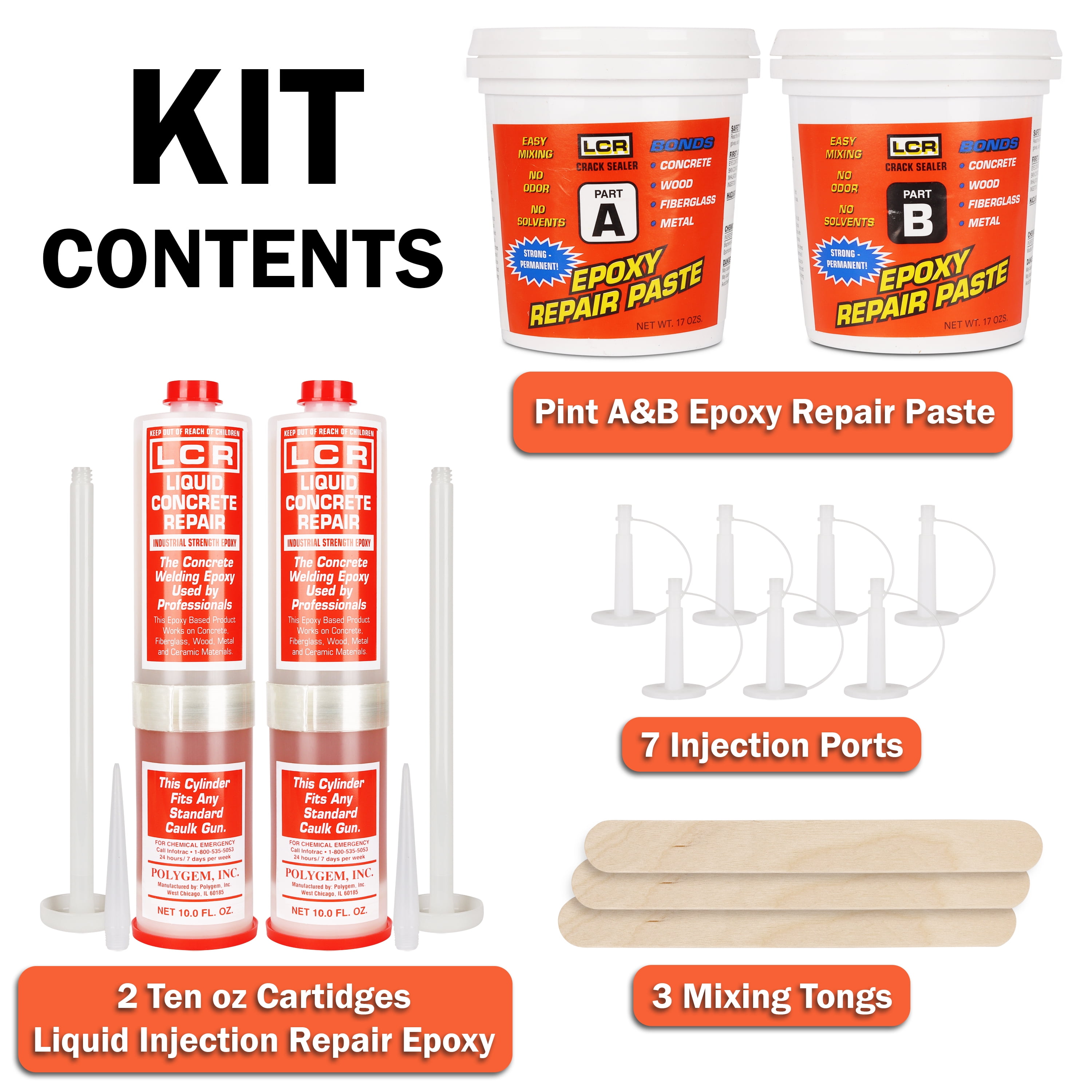 Polygem Concrete Crack Repair Epoxy Injection Kit, 11 Piece, Gray/Tan