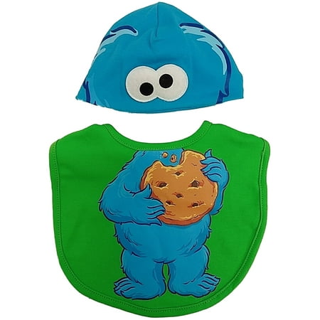 Sesame Street Infant Boys Green & Blue Cookie Monster Baby Bib & Beanie Set
