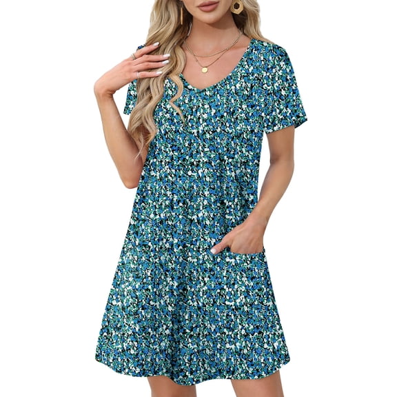 UVN Summer Dresses for Women V Neck Short Sleeve T Shirt Dress Casual Beach Sundress with Pockets