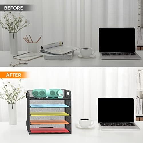 2 Pack Letter Tray 5-Tier Desk Organizer File Paper Holder with Handle, Metal Desktop Document Shelf Tray Office Classroom Organization - Black