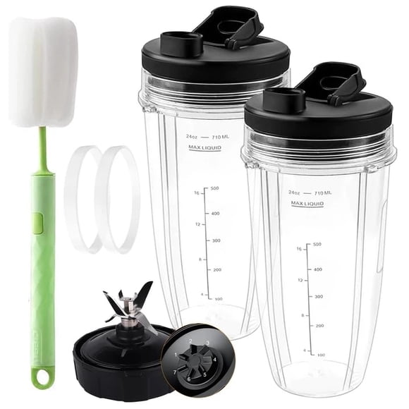CAVIGLTE Juego de 2 vasos licuadora para ninja de 24OZ y 1 juego de 7 Aletas Cuchilla Extractora de Repuesto para Ninja, Compatibles con Las Licuadoras Nutri Ninja Auto iQ Bl2012 Bl480 y Má