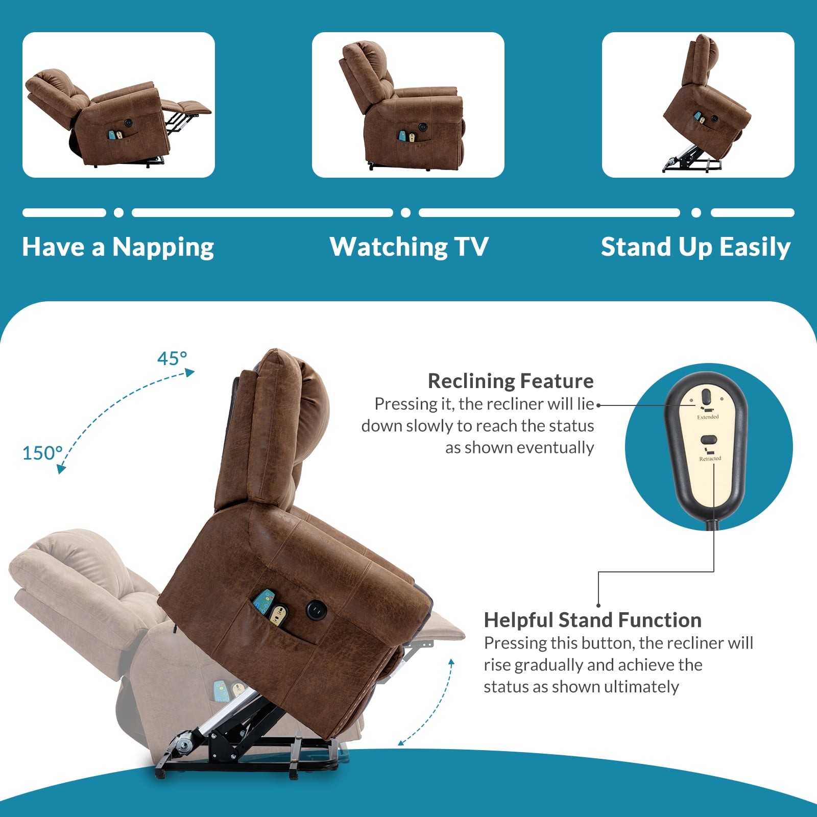 OUINCH Electric Power Lift Recliner Chair with Massage and Heat for Elderly, 2 Remote Controls, 2 Side Pockets, and USB Ports (Brown)
