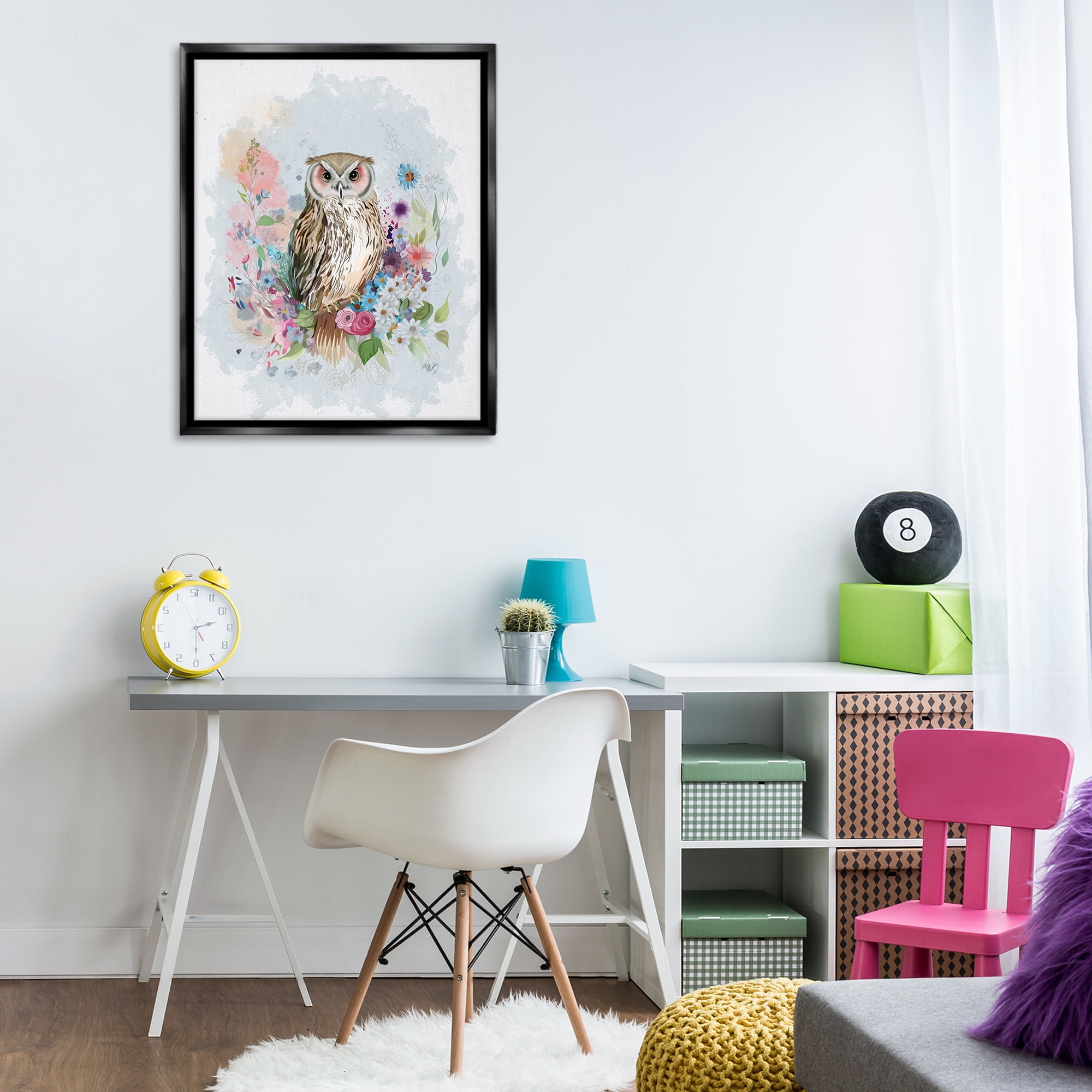 Stupell Industries Owl & Floral Garland Animals & Insects Painting Black Floater Framed Canvas Art Print Wall Art, 25 x 31