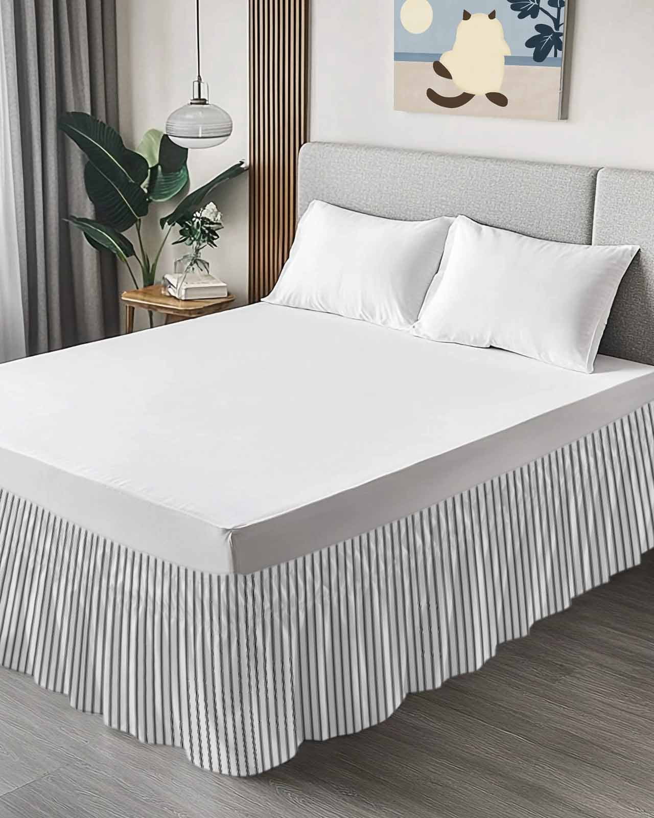 Black Striped Bed Skirt King Size, Black White Stripes Farmhouse Wrap Around Bed Skirting with Adjustable Elastic Strap, Dust Ruffle Pleated Bedskirts 16 Inch Drop for Bedroom King Beds