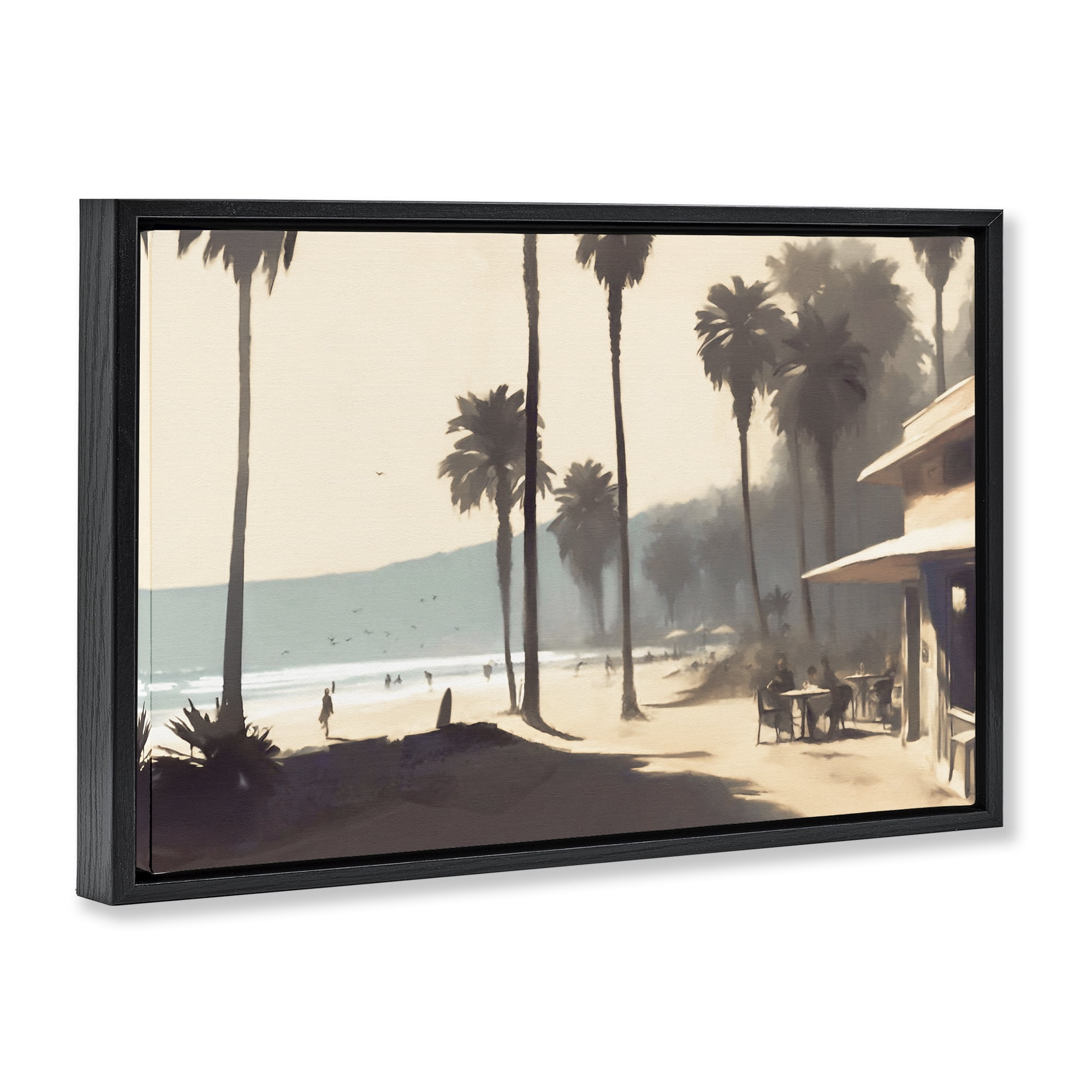 Stupell Industries Pink Canopy Beach Scene Landscape & Nature Painting Black Floater Framed Canvas Art Print Wall Art, 31 x 21