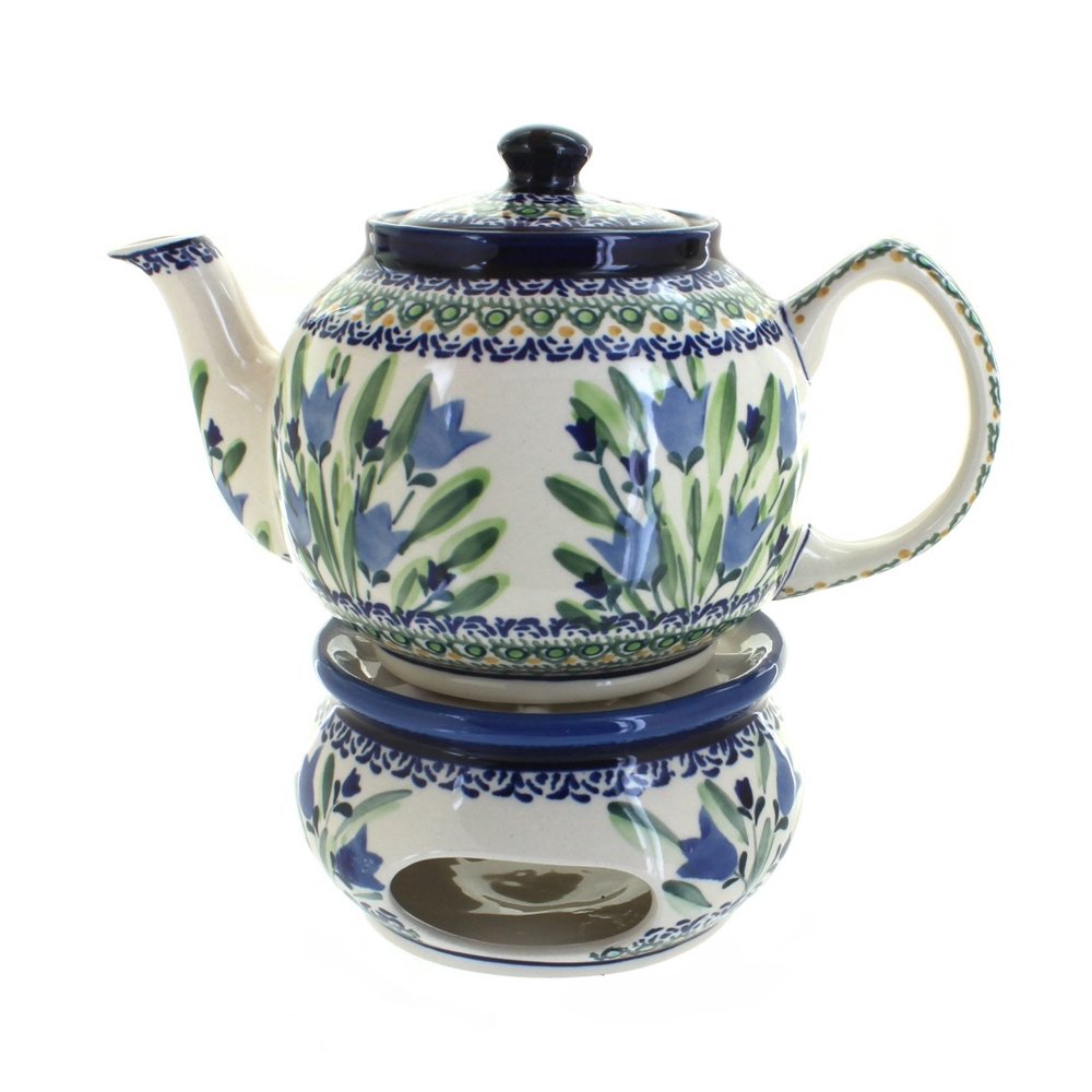 Blue Rose Polish Pottery Blue Tulip Teapot with Warmer