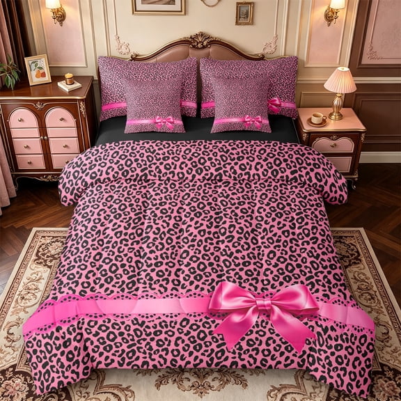 Manfei Wild Cheetah Animal Pattern 7pcs Queen Bedding,Pink Coquette Bowknot Bedding Comforter Set Queen,Black Reversible