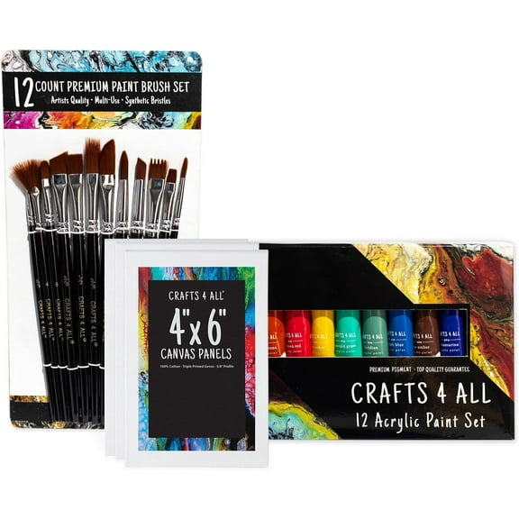 Acrylic Paint Set for Adults and Kids - 12 Pack of 12mL Paints with 12 Art Brushes & 4 Canvases, Non-Toxic Craft Paint, Halloween Pumpkin Painting Kit - Canvas, Ceramic, Rock Paint - Art Supplies 28 Piece Set
