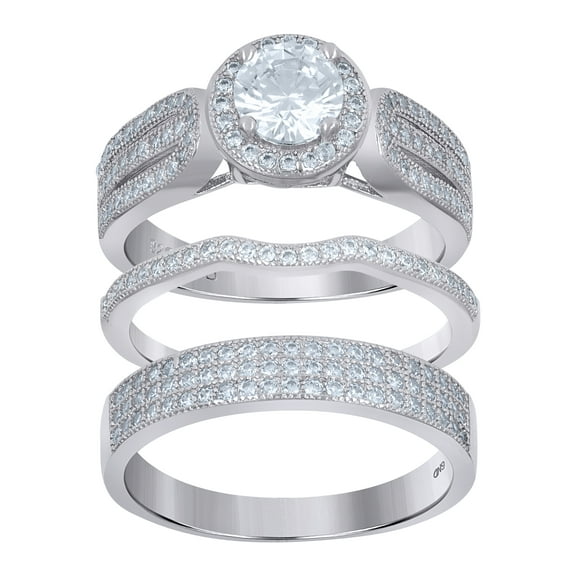 925 Sterling Silver His & Hers Cubic Zirconia Halo Trio Ring Set Size 6