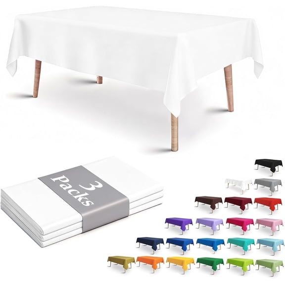 White Plastic Tablecloth 3 Packs 54" x 108" Disposable Table Cloth for Rectangle Tables, Leakproof Sturdy Stain-Resistant Thick Parties Tablecloths(White | 3 Packs | 54x108 Inch)