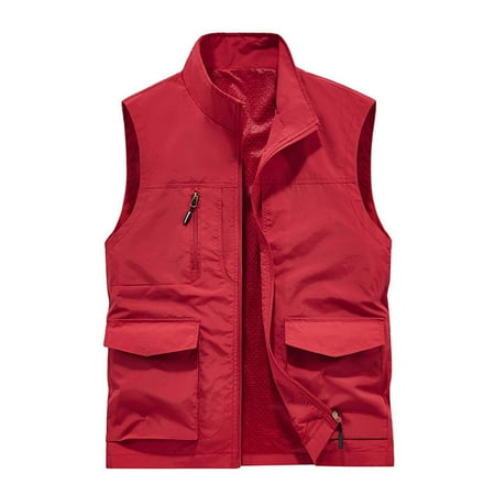 Olyvenn Men s Lightweight Outdoor Sports Travel Vest Multi-Pockets Stand Collar Sleeveless Jacket Waistcoat Fishing Vest Photographer Vest Red 6