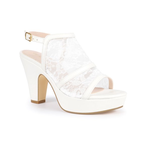 BLISSFUL STEP Open Toe Platform Ankle Strap Slingback Chunky Heel Sandals for Women White 7.5