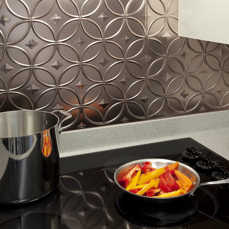 FASÄDE Decorative Vinyl Backsplash Kit – Brushed Nickel 15 Sq Ft, Peel & Stick Panels With Trim, DIY Kitchen Or Bathroom Upgrade