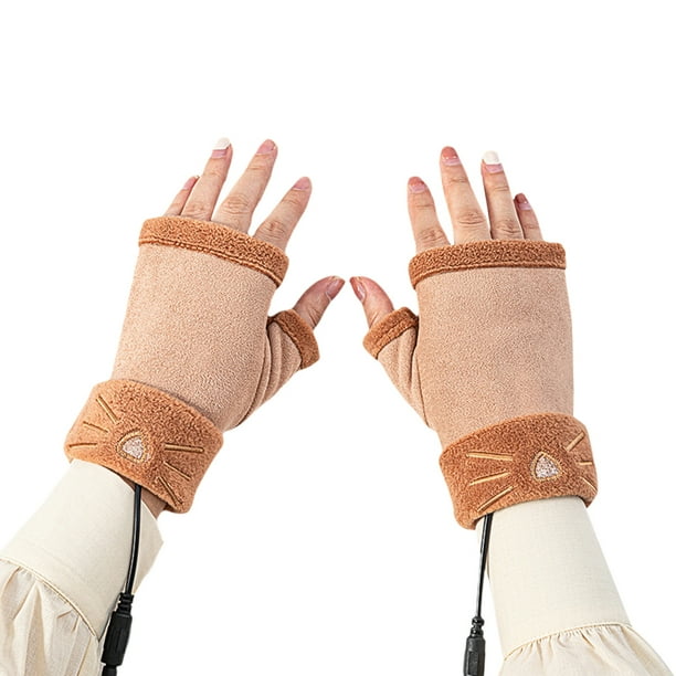 Tejido Guantes sin dedos Menores suaves Mujeres A prueba de viento A prueba de viento Cálido Mantenimiento USB Carro eléctrico Calefacción Mittens Protector de mano interior Caqui kenally HA011717-02