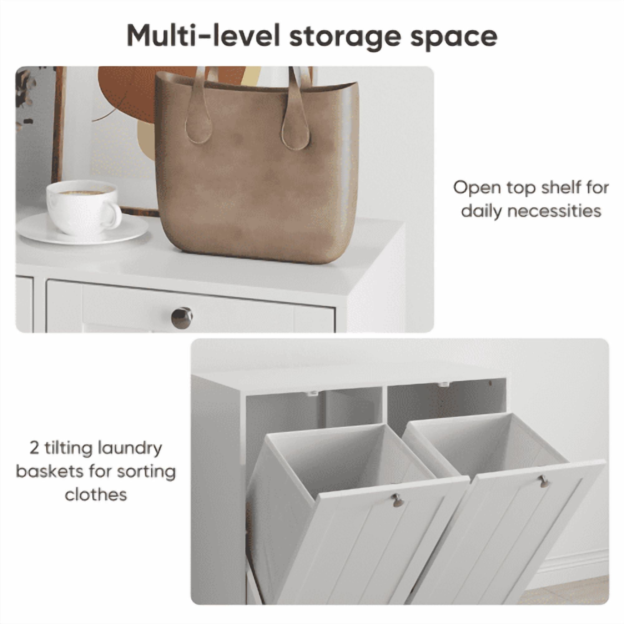 Tilted Laundry Hamper with Removable Baskets, Hidden Laundry Hamper Storage Cabinet, Free-Standing Bathroom Organizer, White