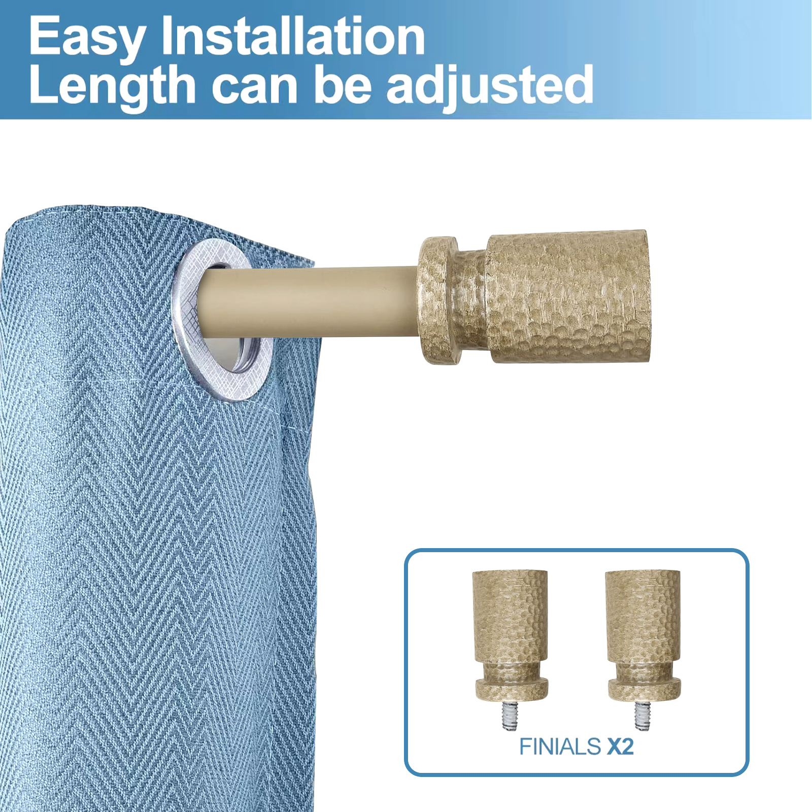 Urbanest 1" Hammered Adjustable Curtain Rod with Designer Finials — Heavy-Duty Metal Telescoping Rod, Easy Install, 28"–48″, Cottage Beige