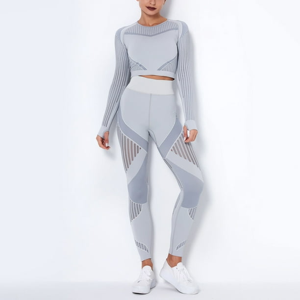 Lounge Sets For Women Clearance Women Seamless Striped Hollow Yoga Clothes  Hip Quick-Drying Fitness Suit Gray S JE 