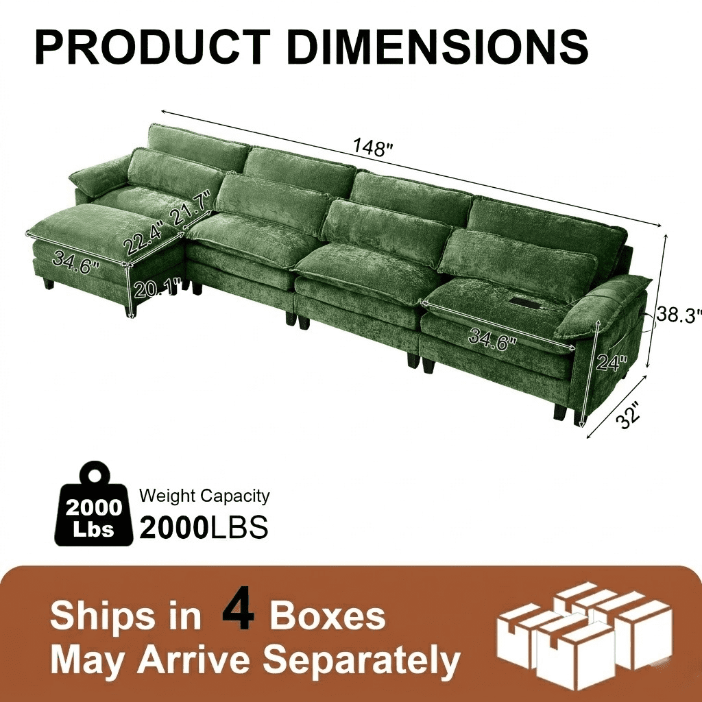 Howcool 148" Modular Sectional Sofa , 4 Seater L-Shaped Cloud Couch with Movable Ottoman, USB Charging Ports & Side Pockets, Sectional couchs for Living Room,Chenille Fabric,Green