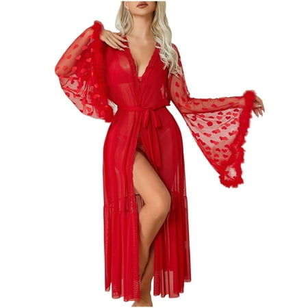 POIUYTR Robe for Women Underwear Bridal Babydoll Long Robe Underwear Sheer Wedding Gown Underwear Mesh Chemise Kimono Robe M Red