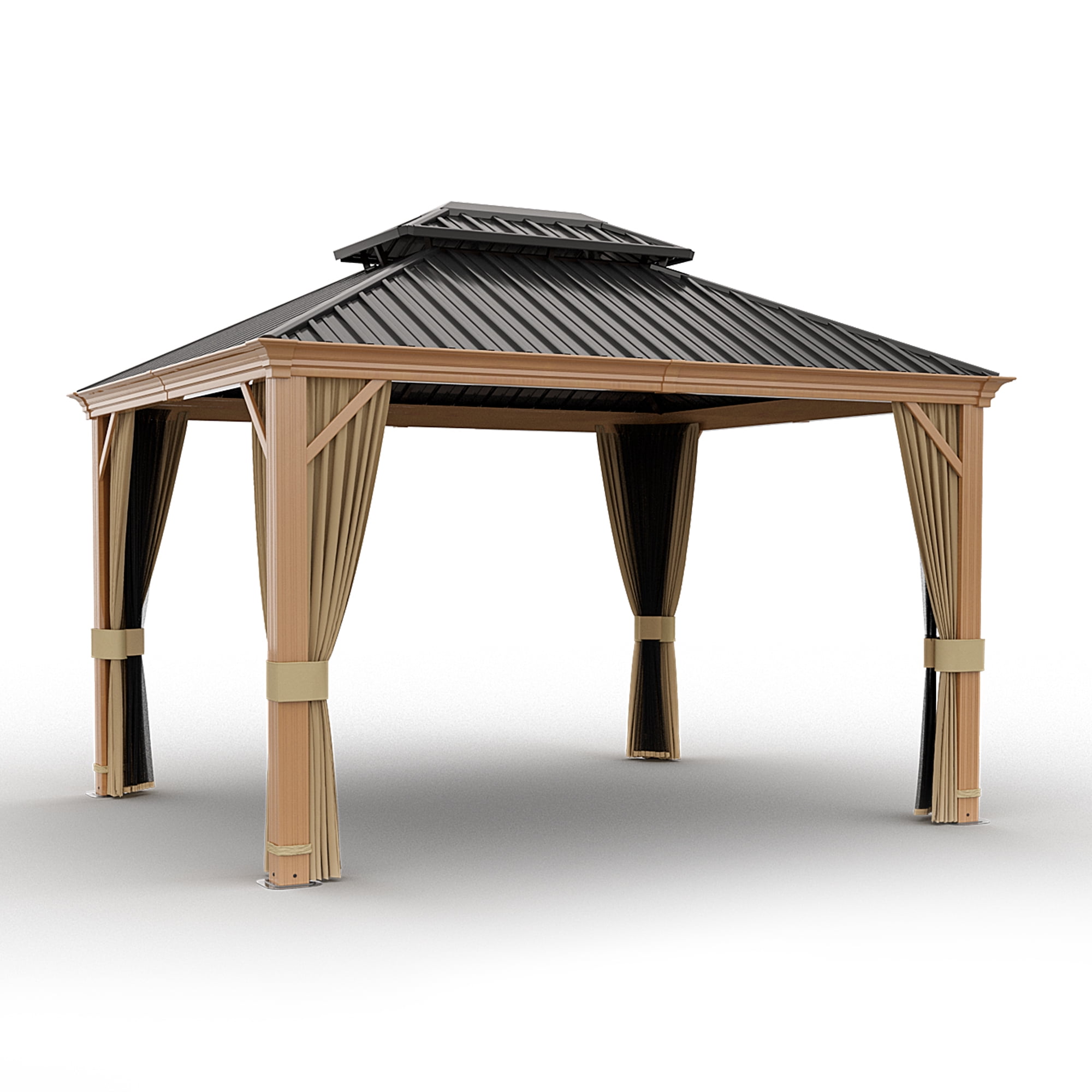 11x10 Black and Beige Metal Hardtop Patio Gazebo with Netting