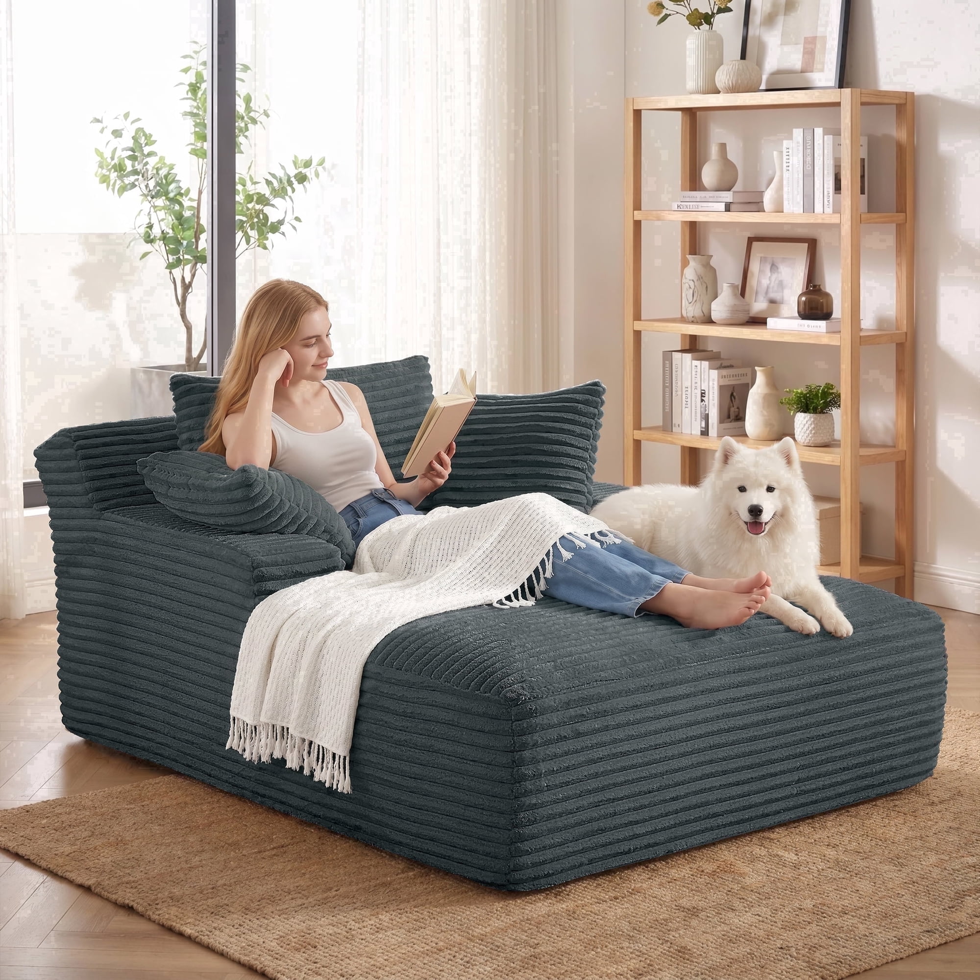 Vanress 66" Chaise Lounge Chair Indoor, Oversized Corduroy Upholstered Boneless Sofa, Deep Seat Reading Chairs Sleeper Couch, Cloud Sofas Couches for Living Room Bedroom, No Assembly, Grey