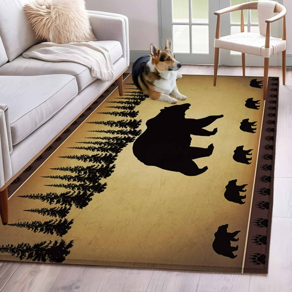 Black Bear Area Rug 3x5 FT, Non Slip Entryway Bedside Carpet, Vintage Animals Farmhouse Pine Brown Forest Washable Soft Floor Carpet Indoor Mat Non-Shedding Throw Rug for Dorm Kitchen Home Office