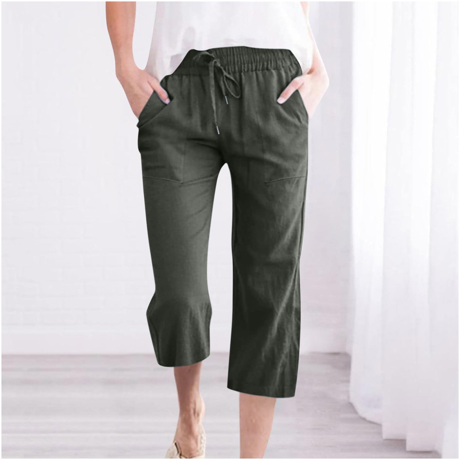 amidoa Capris for Women Casual Drawstring Elastic Waist Trousers with ...