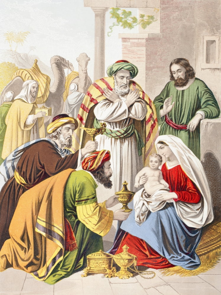 Nativity Scene The Three Wise Men With The Holy Family One Presents A Gift To The Infant Jesus From The Holy Bible Published By William Collins Sons & Company In 1869 Chromolithograph By JM Kronheim &